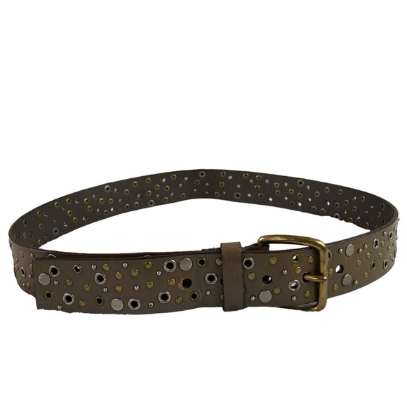 Belt - Brown Leather Studded Belt Textured Metallic 40 Inch - Picture 1 of 8